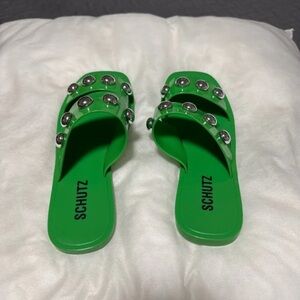 SCHUTZ Bright Green Double-Strap Studded Slide Sandals
